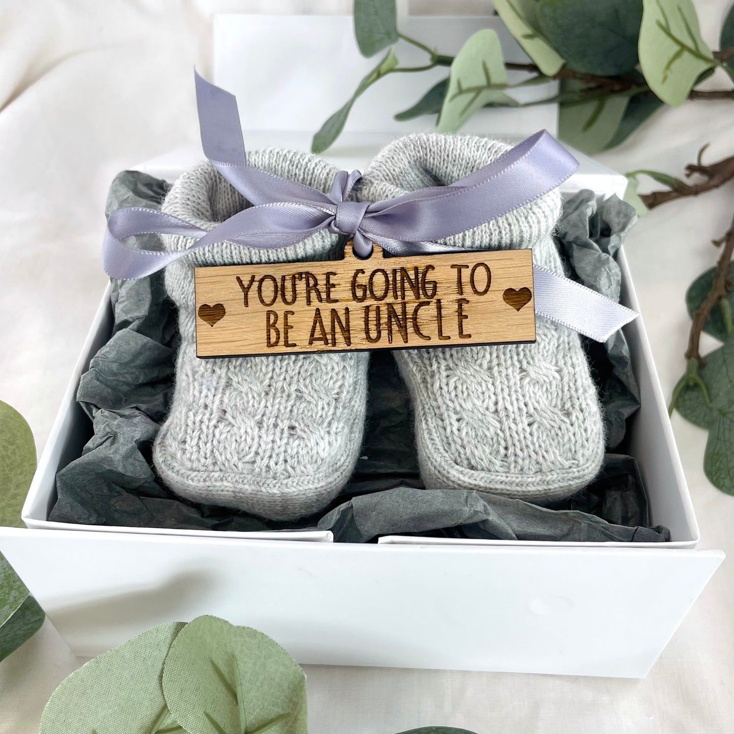 Guess What 'You're going to be an Uncle' Pregnancy Announcement Gift Boxed Grey Booties