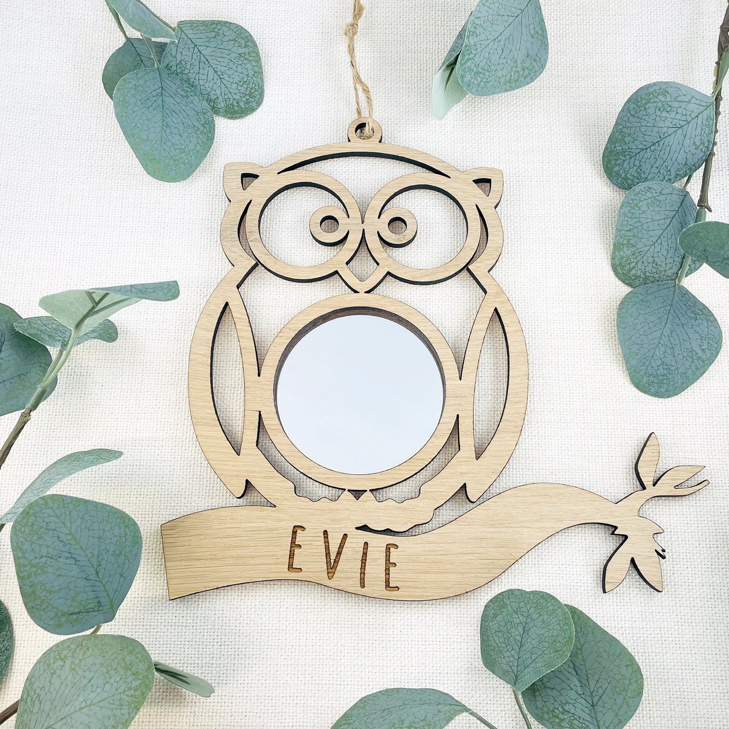Personalised Owl Mirror Oak Wood - New Baby Gift - Nursery Decor - Bedroom Decor - Animal Room Accessories