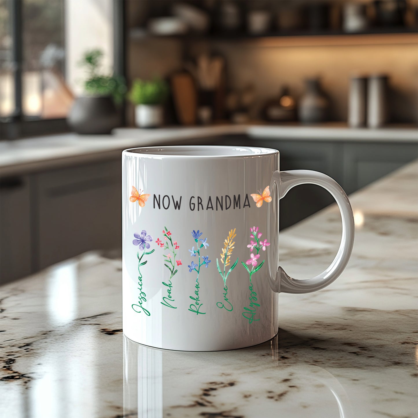 Personalised 'First Mum - Now Grandma' Flowers Mug - Mothers Day Gift for Mum and Grandma with Kids Names