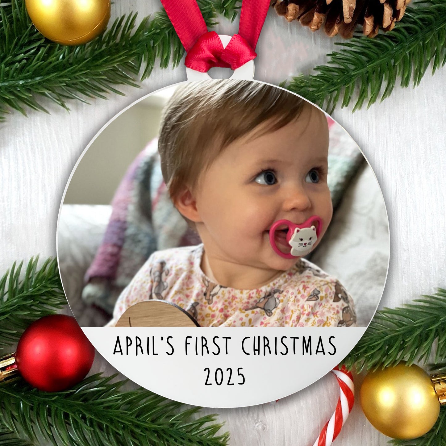 Personalised First Christmas Bauble Baby Photo Acrylic - Add the Year, Your Baby's Name and their photo!