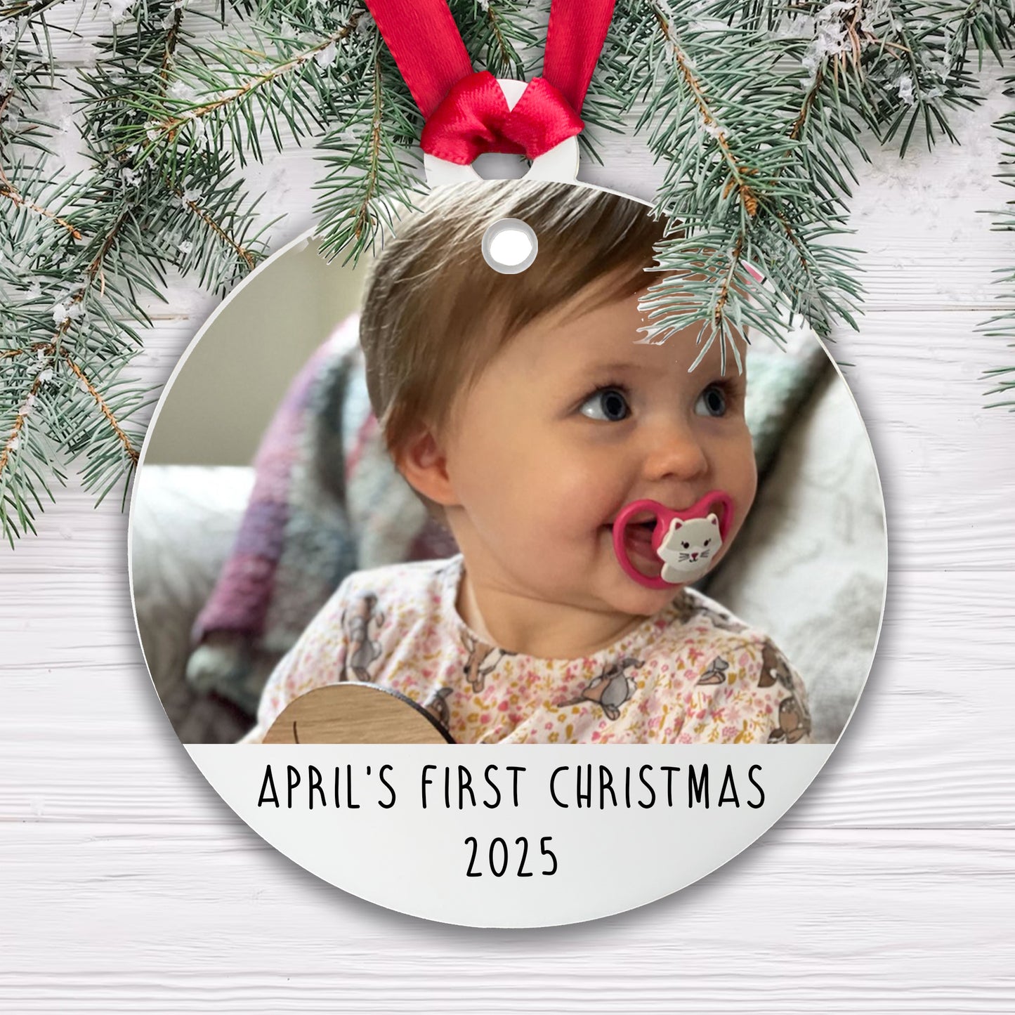 Personalised First Christmas Bauble Baby Photo Acrylic - Add the Year, Your Baby's Name and their photo!