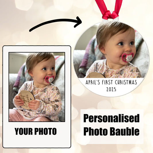 Personalised First Christmas Bauble Baby Photo Acrylic - Add the Year, Your Baby's Name and their photo!