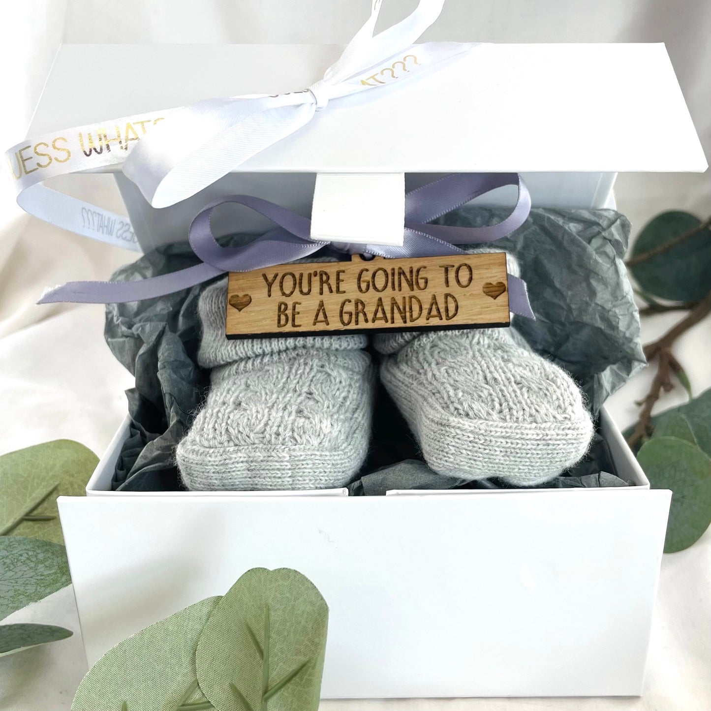 Guess What 'You're going to be a..' Pregnancy Announcement Grey Booties - Choose any Role