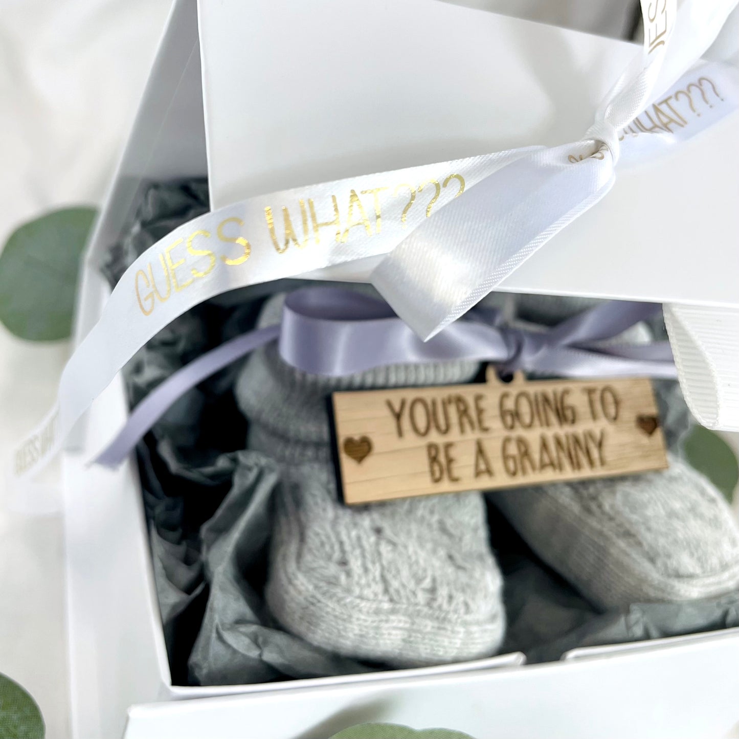 Guess What 'You're going to be a..' Pregnancy Announcement Grey Booties - Choose any Role