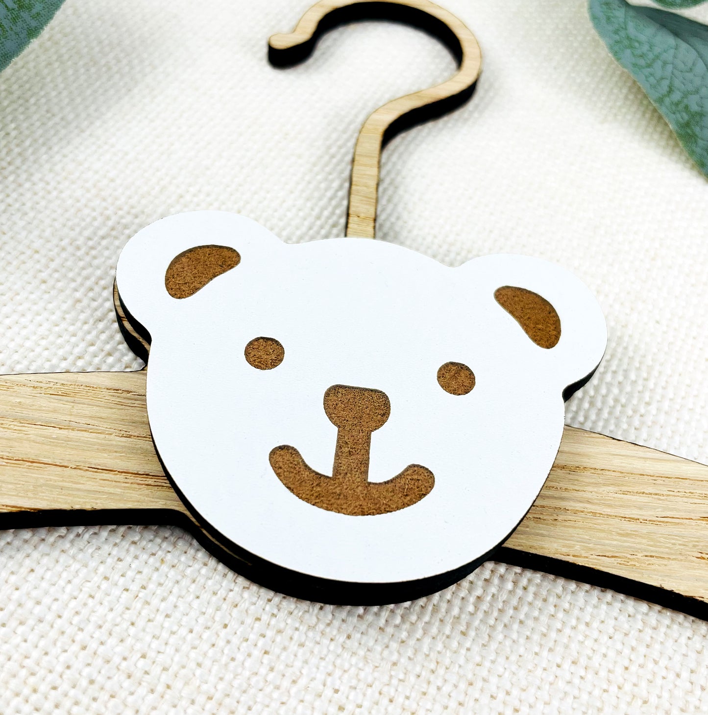 Personalised New Baby Clothes Hanger Wooden Hanger with Bear Face - Oak Wood