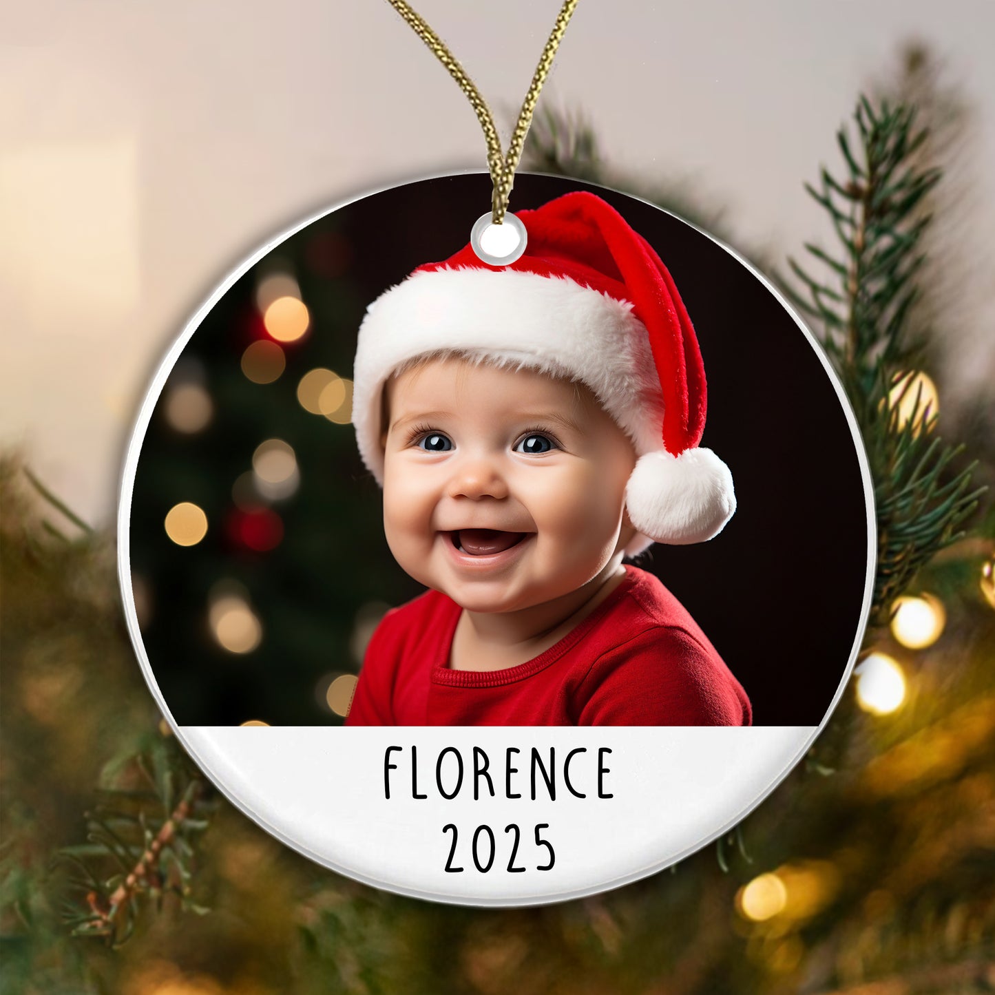Personalised Christmas Baby Photo Ceramic Bauble - Add your baby's Name, Year and Photo!