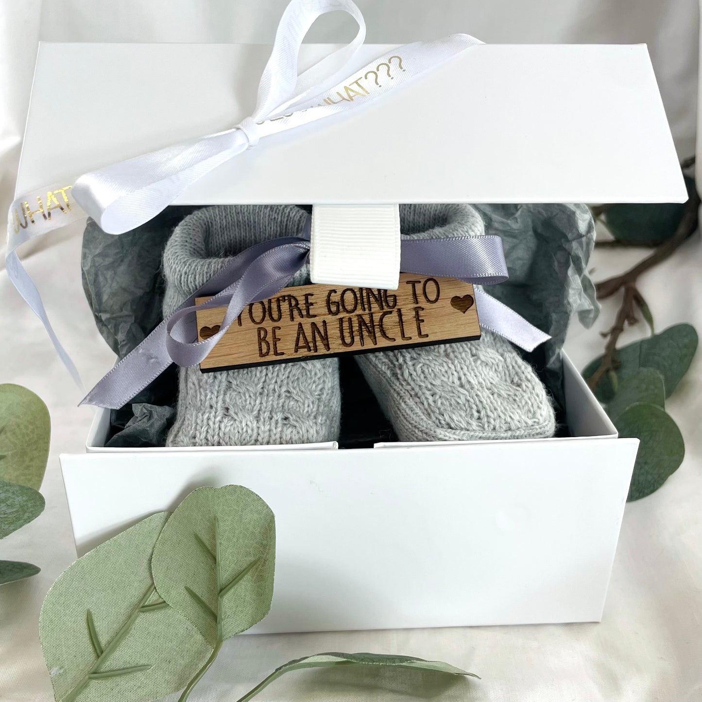 Guess What 'You're going to be an Uncle' Pregnancy Announcement Gift Boxed Grey Booties