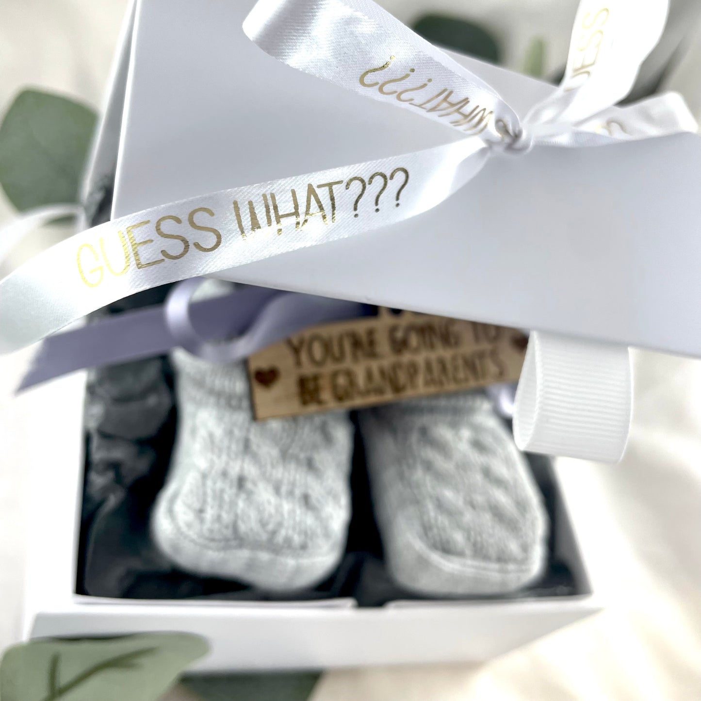 Guess What 'You're going to be Grandparents' Pregnancy Announcement Gift Boxed Grey Booties