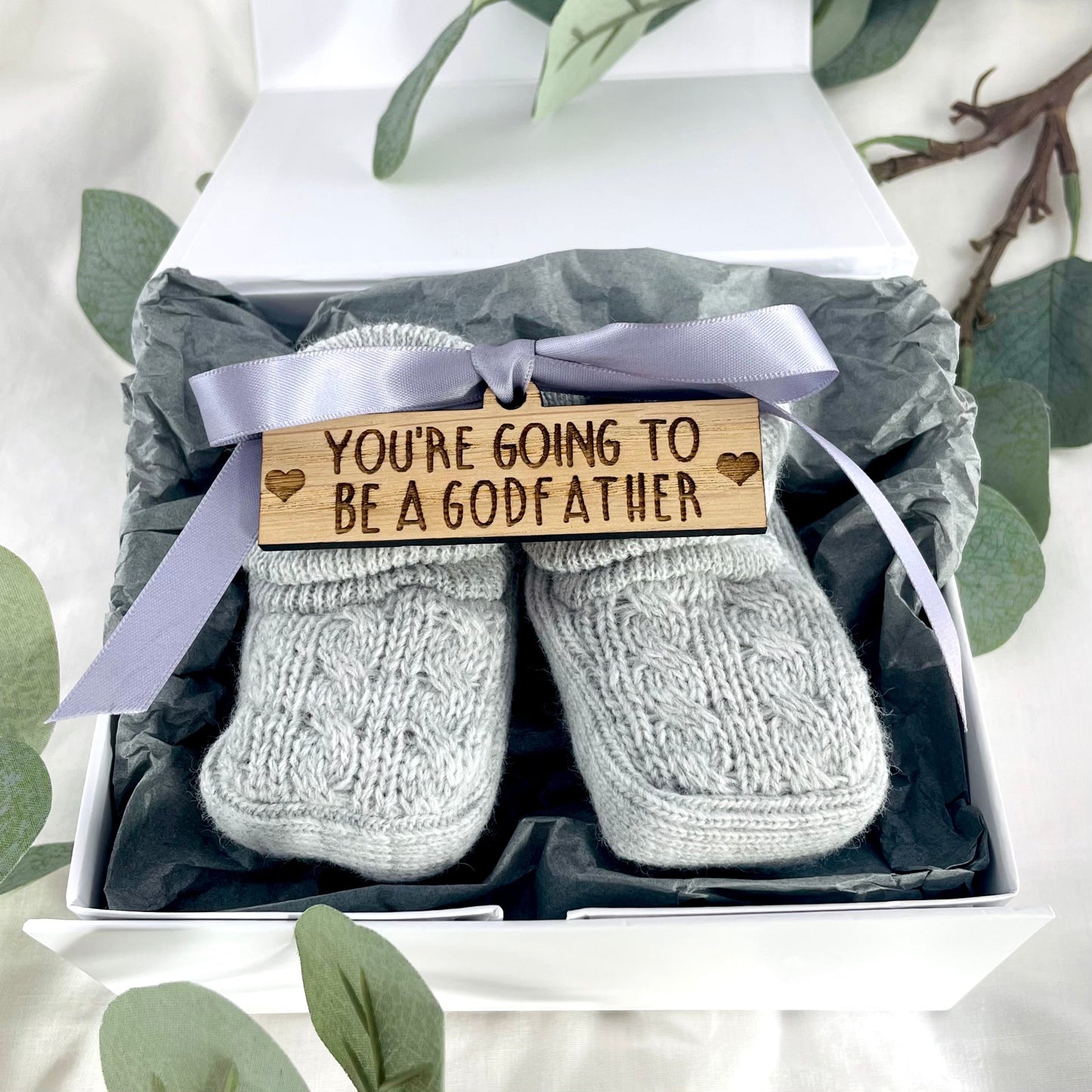 Guess What 'You're going to be Godparents' Pregnancy Announcement Gift Boxed Grey Booties