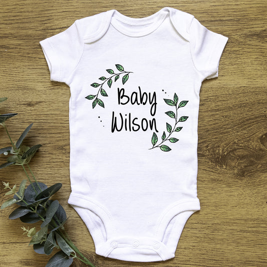 Personalised Baby Surname Botanical Leaf Wreath Baby Grow Vest