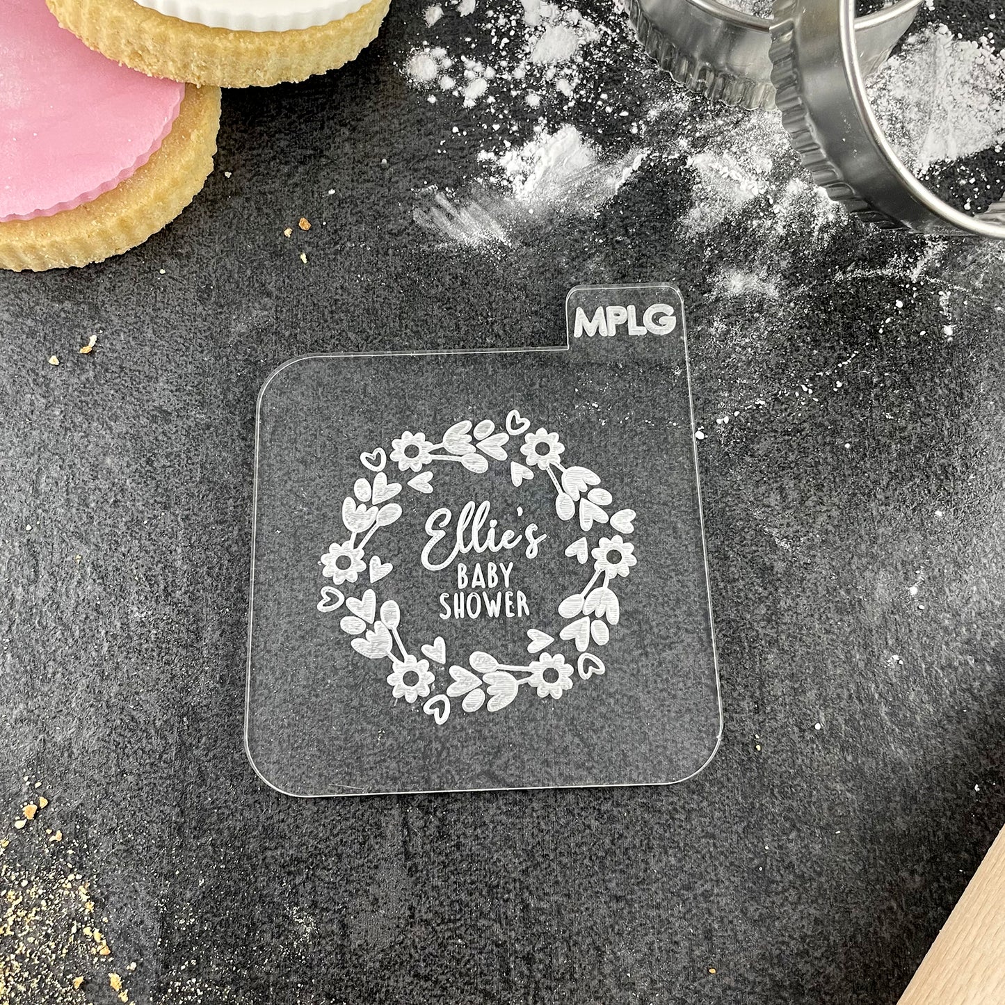 Personalised Baby Shower Icing Stamp Embosser for Biscuits, Cookies, Cupcakes - Flowers & Hearts