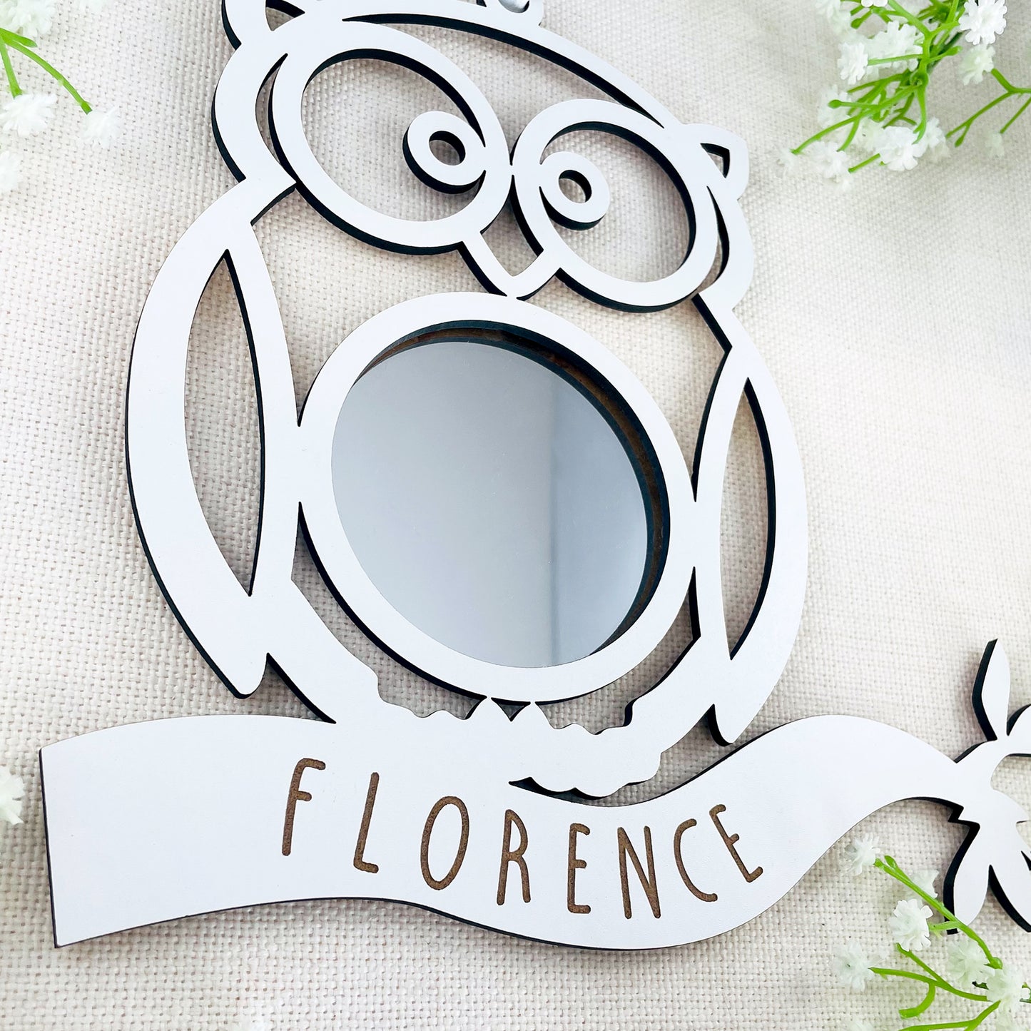 Personalised White Wood Owl Mirror - New Baby Gift - Nursery Decor - Bedroom Decor - Animal Room Accessories