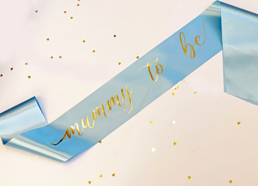 Mummy to Be Baby Shower, Gender Reveal Sash - Baby Blue with Gold Text