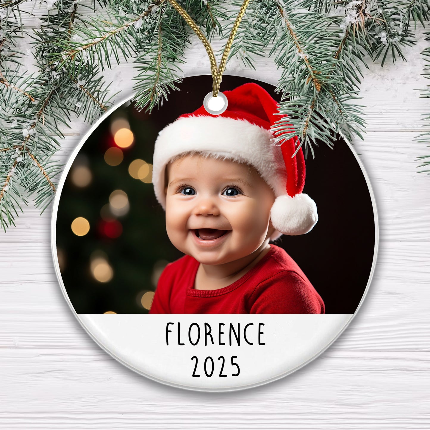 Personalised Christmas Baby Photo Ceramic Bauble - Add your baby's Name, Year and Photo!