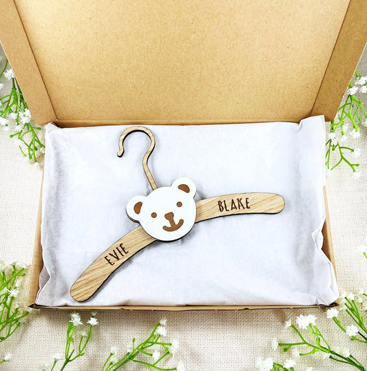 Personalised New Baby Clothes Hanger Wooden Hanger with Bear Face - Oak Wood