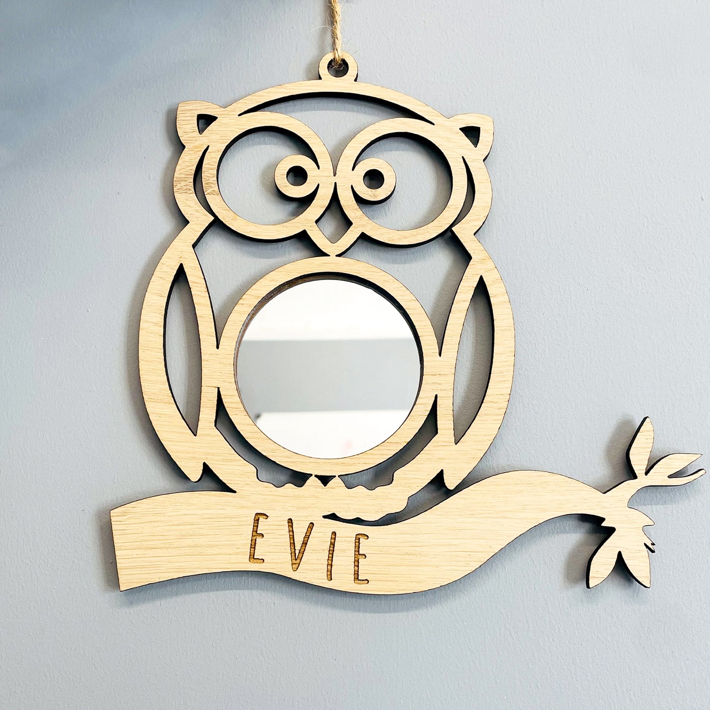 Personalised Owl Mirror Oak Wood - New Baby Gift - Nursery Decor - Bedroom Decor - Animal Room Accessories
