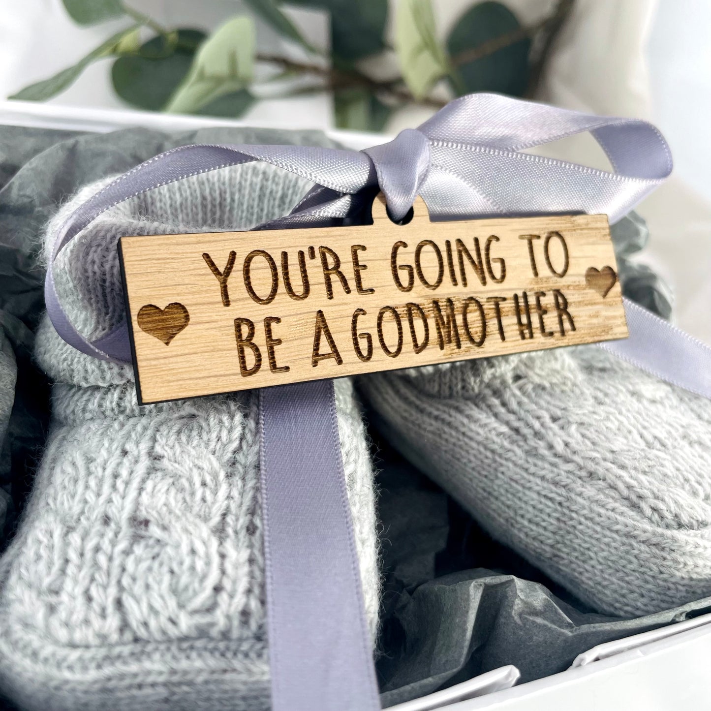 Guess What 'You're going to be a Godmother' Pregnancy Announcement Gift Boxed Grey Booties