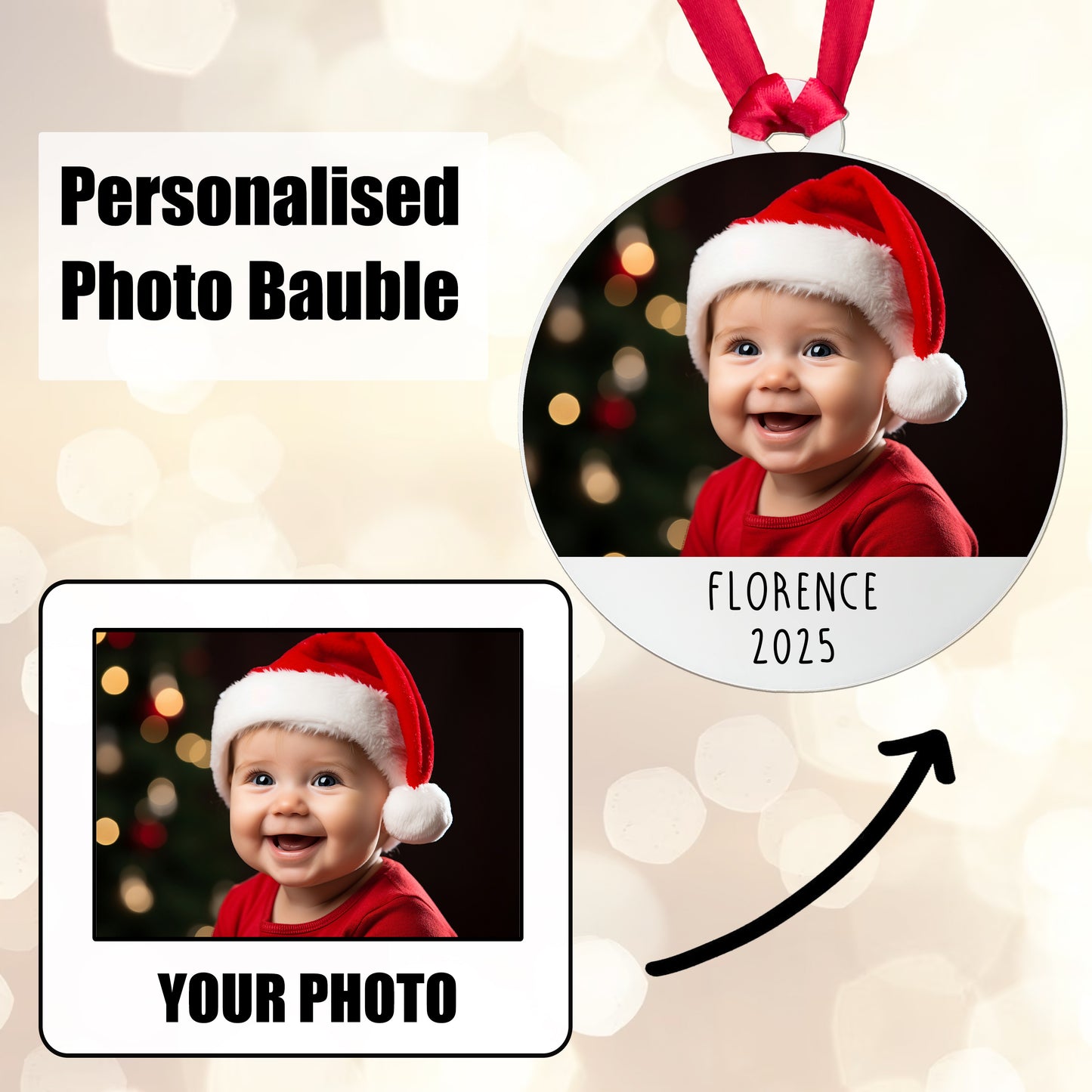 Personalised Baby Photo Acrylic Bauble - Add your baby's Name, Year and Photo!