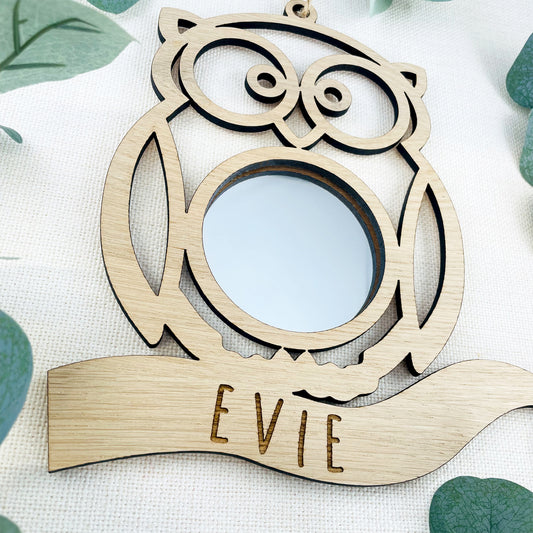Personalised Owl Mirror Oak Wood - New Baby Gift - Nursery Decor - Bedroom Decor - Animal Room Accessories