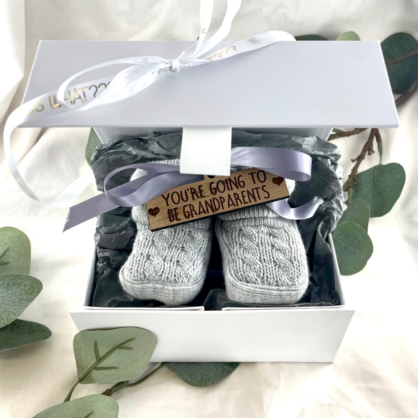 Guess What 'You're going to be Grandparents' Pregnancy Announcement Gift Boxed Grey Booties