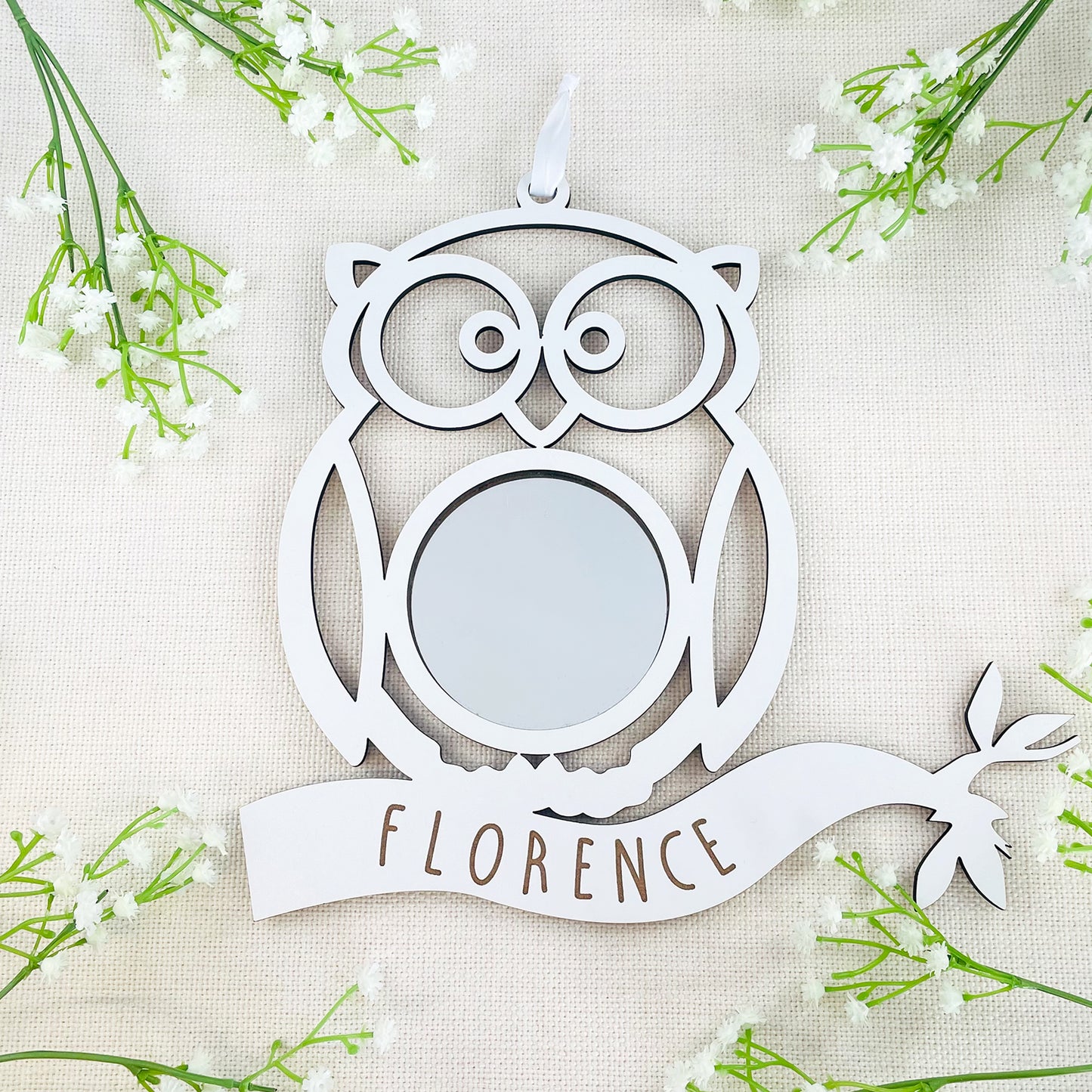 Personalised White Wood Owl Mirror - New Baby Gift - Nursery Decor - Bedroom Decor - Animal Room Accessories