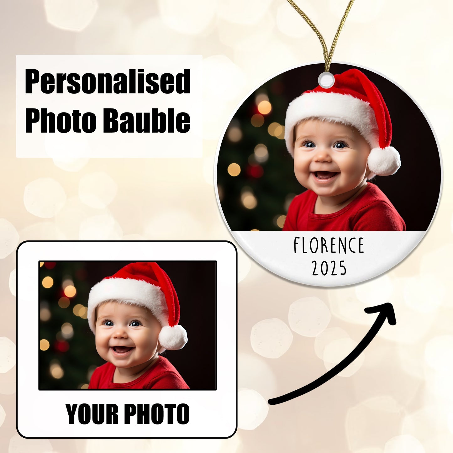 Personalised Christmas Baby Photo Ceramic Bauble - Add your baby's Name, Year and Photo!