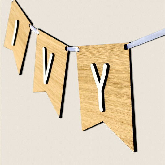 Personalised Oak Wood Name Bunting - Nursery or Child's Room Decor - Add any Name
