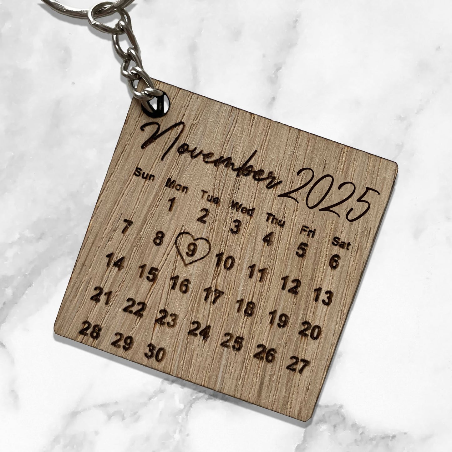 Birth Date Wooden Calendar Keyring Keepsake