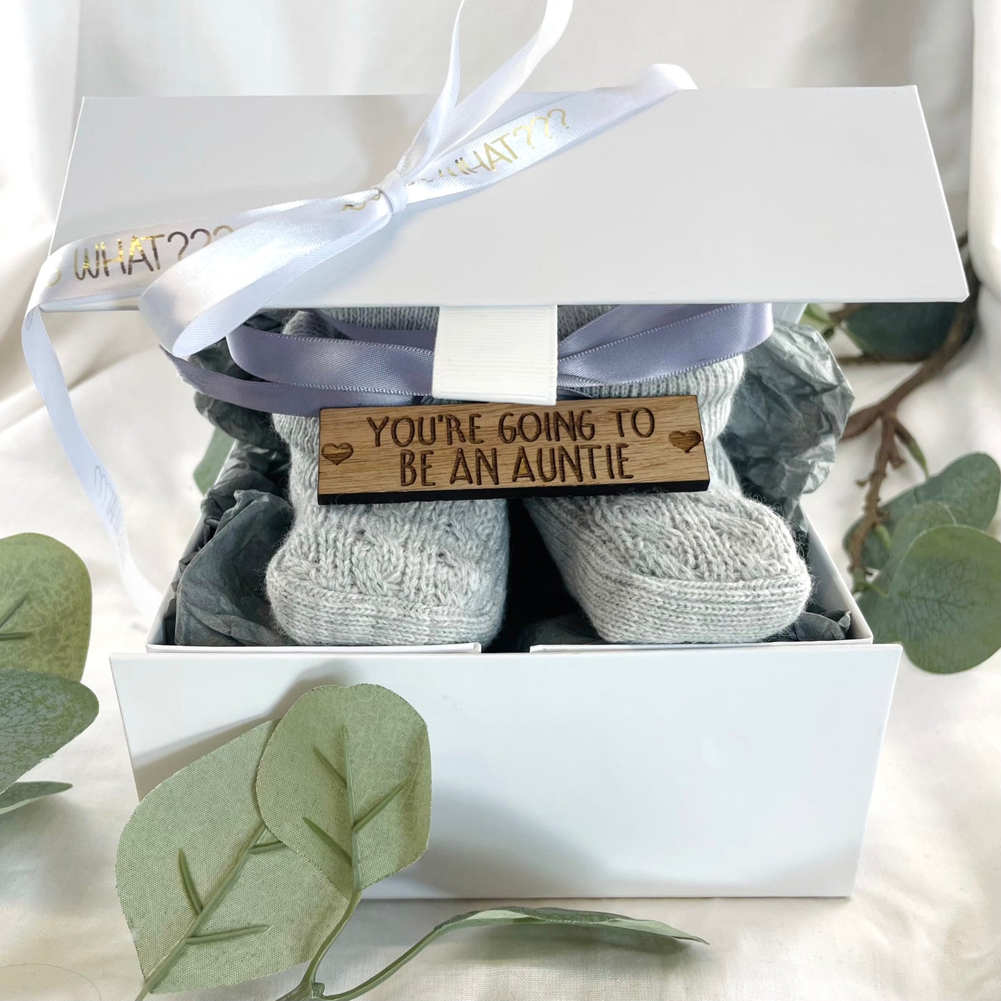 Guess What 'You're going to be an Auntie' Pregnancy Announcement Gift Boxed Grey Booties