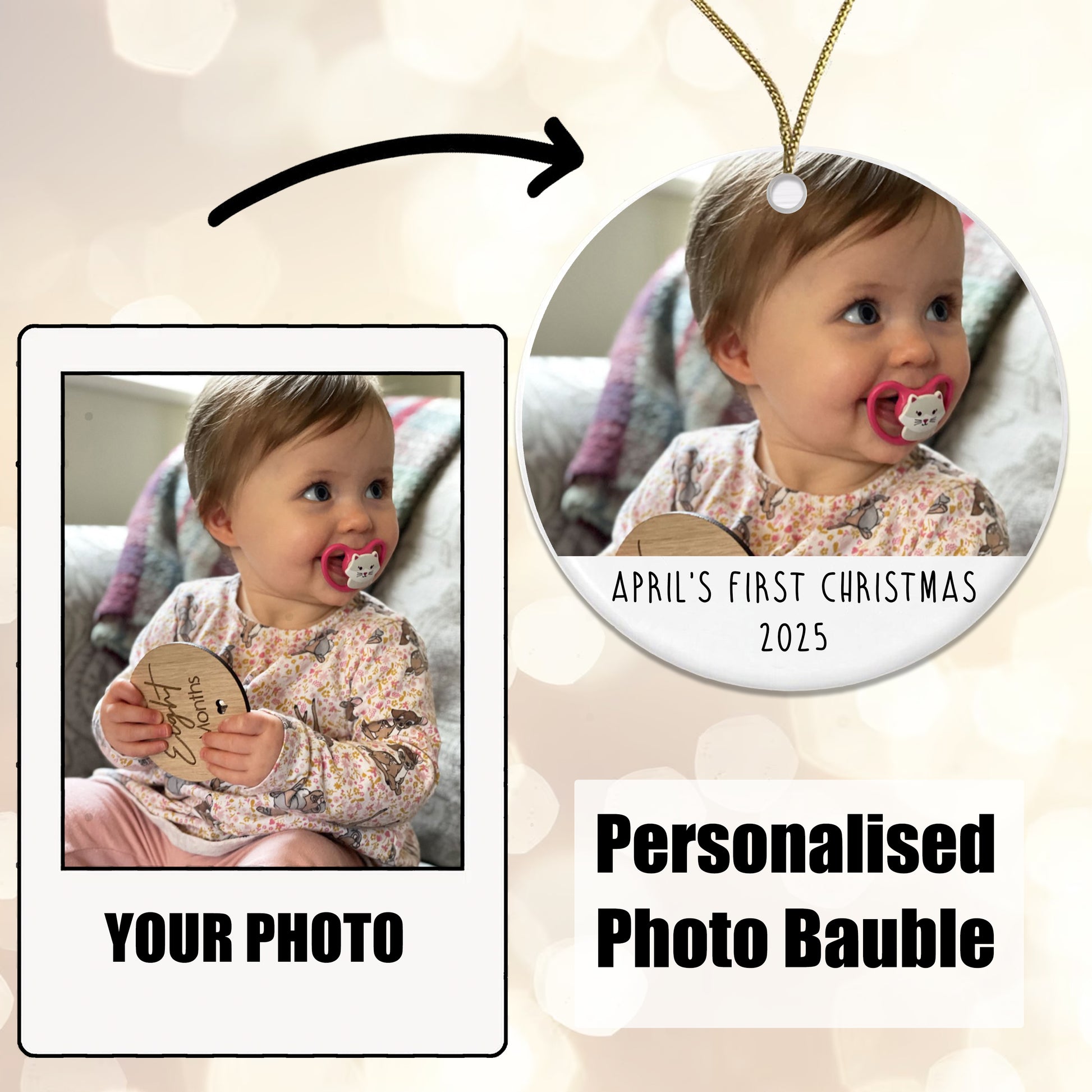 Personalised First Christmas Bauble Baby Photo Ceramic - Add the Year, Your Baby's Name and their photo! 