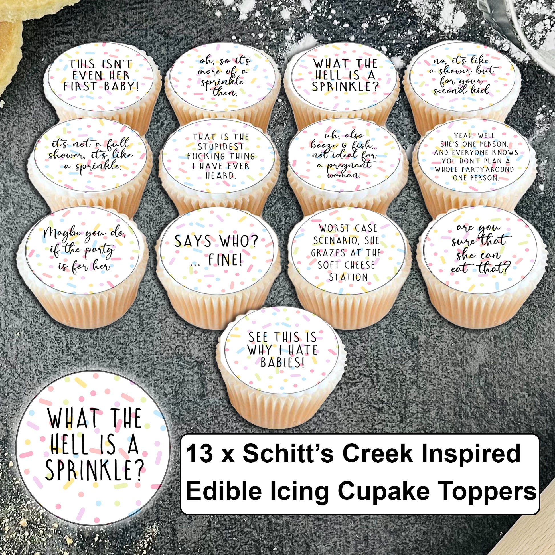 Baby Shower 'This isn't even her first baby!' Sprinkle Cupcake Biscuit Toppers x 13 - Baby Shower Cake - Funny Baby Shower - Mummy Again