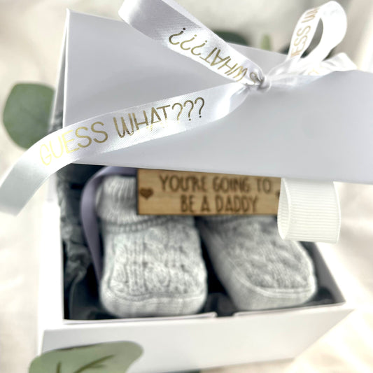 Guess What 'You're going to be .... ' Pregnancy Announcement Gift Boxed Grey Booties - Add any Name! 