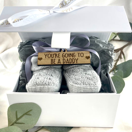Guess What 'You're going to be a Daddy' Pregnancy Announcement Gift Boxed Grey Booties
