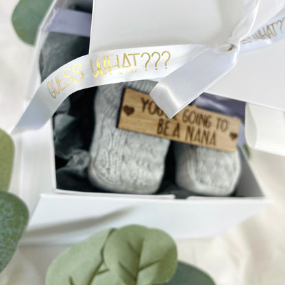 Guess What 'You're going to be a Nana' Pregnancy Announcement Gift Boxed Grey Booties