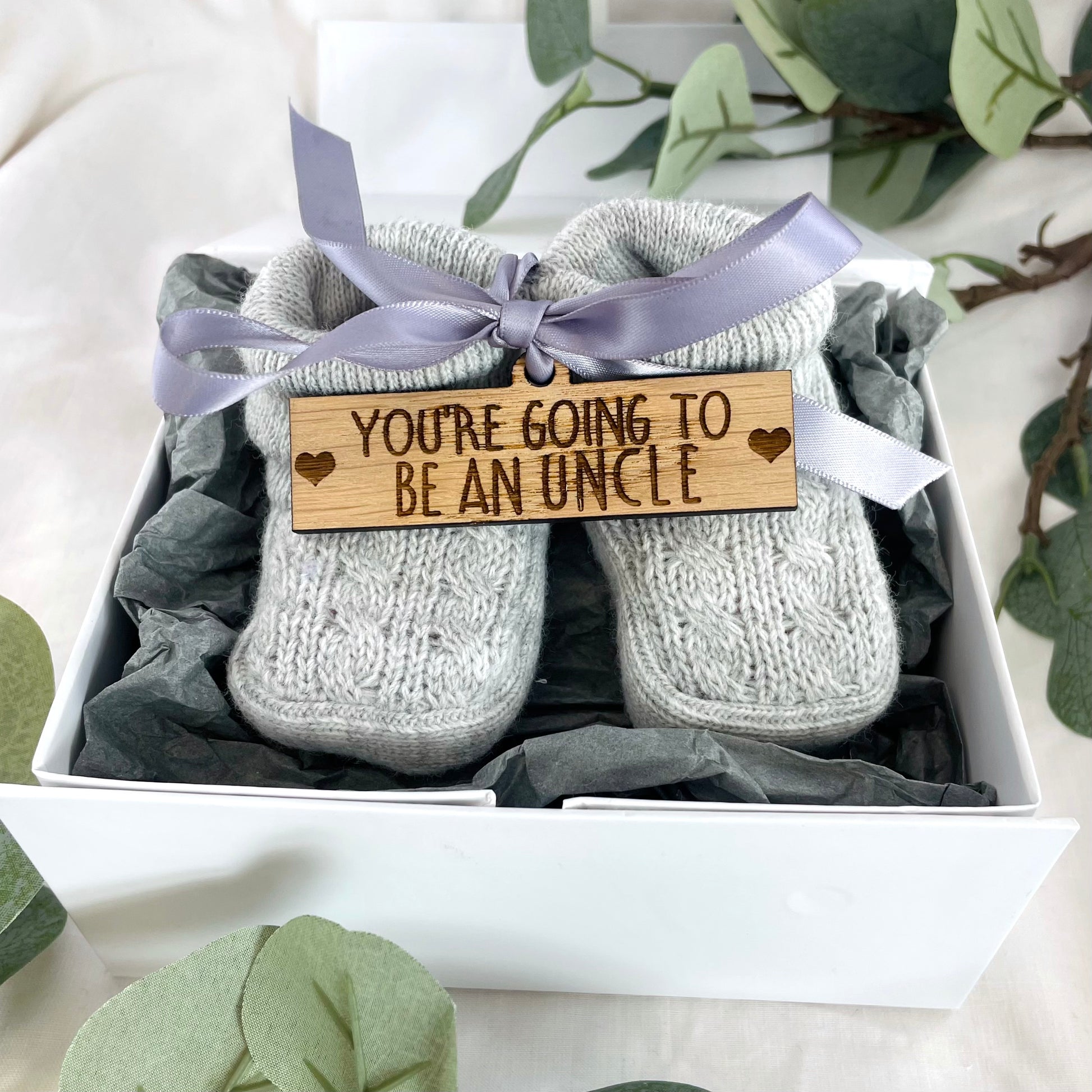 Guess What 'You're going to be an Uncle' Pregnancy Announcement Gift Boxed Grey Booties