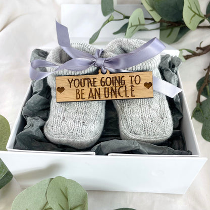 Guess What 'You're going to be an Uncle' Pregnancy Announcement Gift Boxed Grey Booties