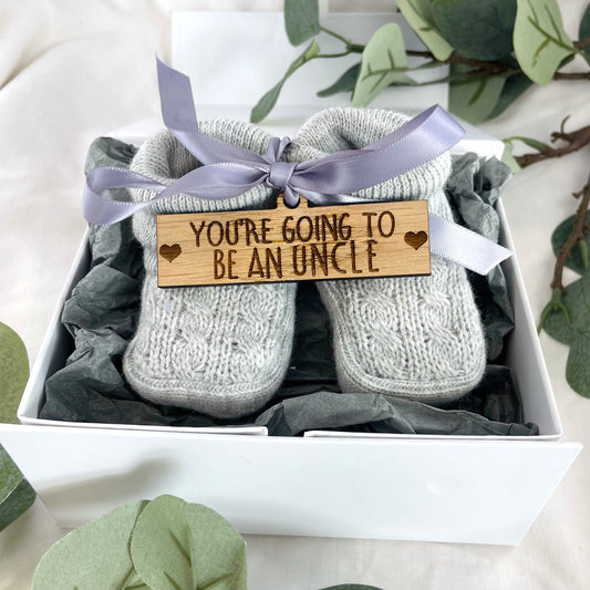 Guess What 'You're going to be an Uncle' Pregnancy Announcement Gift Boxed Grey Booties