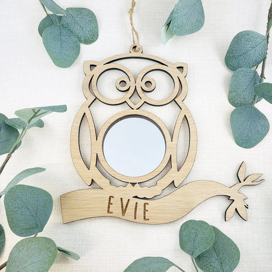 Personalised Owl Mirror Oak Wood - New Baby Gift - Nursery Decor - Bedroom Decor - Animal Room Accessories