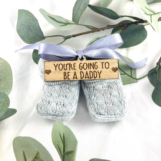 Guess What 'You're going to be .... ' Pregnancy Announcement Gift Boxed Grey Booties - Add any Name! 