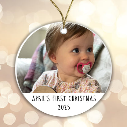 Personalised First Christmas Bauble Baby Photo Ceramic - Add the Year, Your Baby's Name and their photo! 