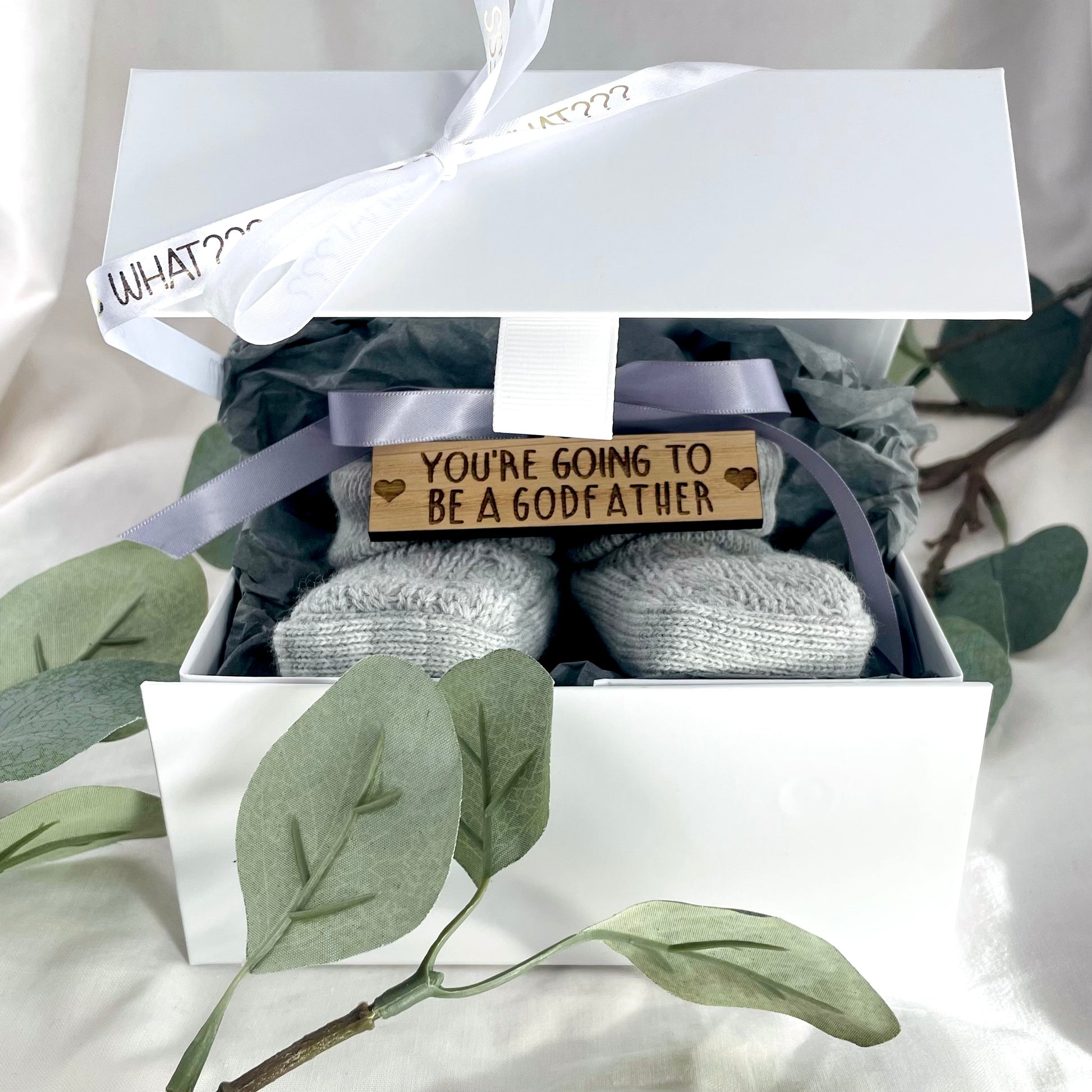 Guess What 'You're going to be a Godfather' Pregnancy Announcement Gift Boxed Grey Booties