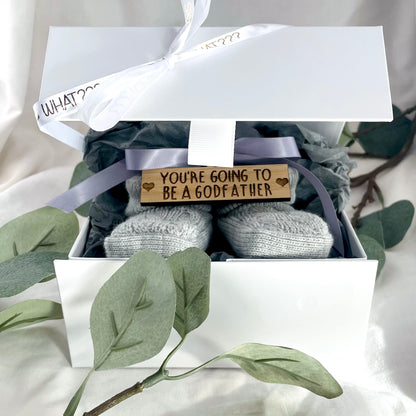 Guess What 'You're going to be a Godfather' Pregnancy Announcement Gift Boxed Grey Booties