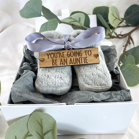 Guess What 'You're going to be an Auntie' Pregnancy Announcement Gift Boxed Grey Booties
