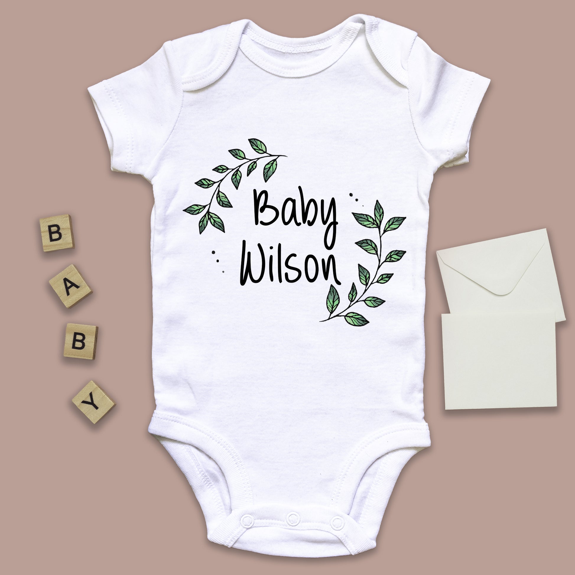 Personalised Baby Surname Botanical Leaf Wreath Baby Grow Vest