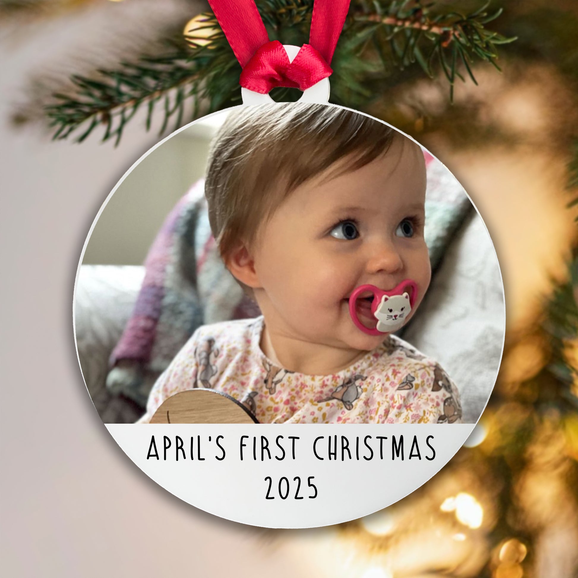 Personalised First Christmas Bauble Baby Photo Acrylic - Add the Year, Your Baby's Name and their photo! 