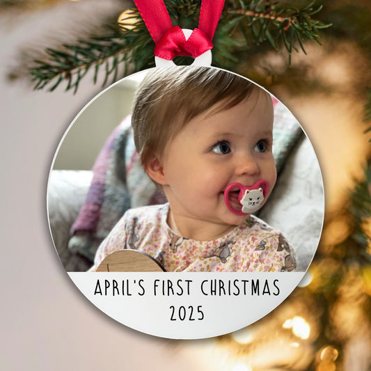 Personalised First Christmas Bauble Baby Photo Acrylic - Add the Year, Your Baby's Name and their photo! 