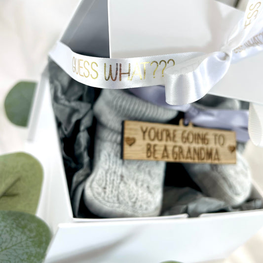 Guess What 'You're going to be a..' Pregnancy Announcement Grey Booties - Choose any Role