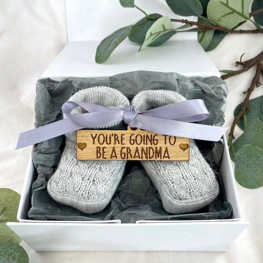 Guess What 'You're going to be a..' Pregnancy Announcement Grey Booties - Choose any Role