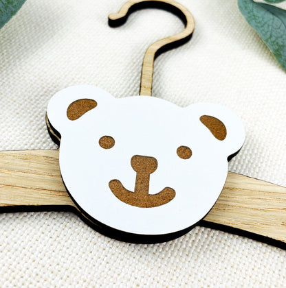 Personalised New Baby Clothes Hanger Wooden Hanger with Bear Face - Oak Wood