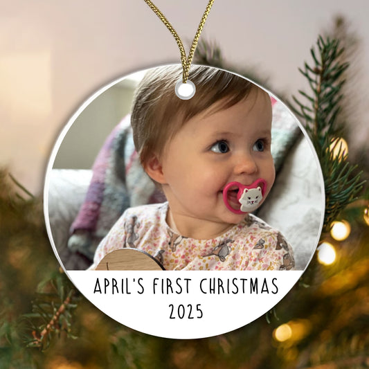 Personalised First Christmas Bauble Baby Photo Ceramic - Add the Year, Your Baby's Name and their photo! 